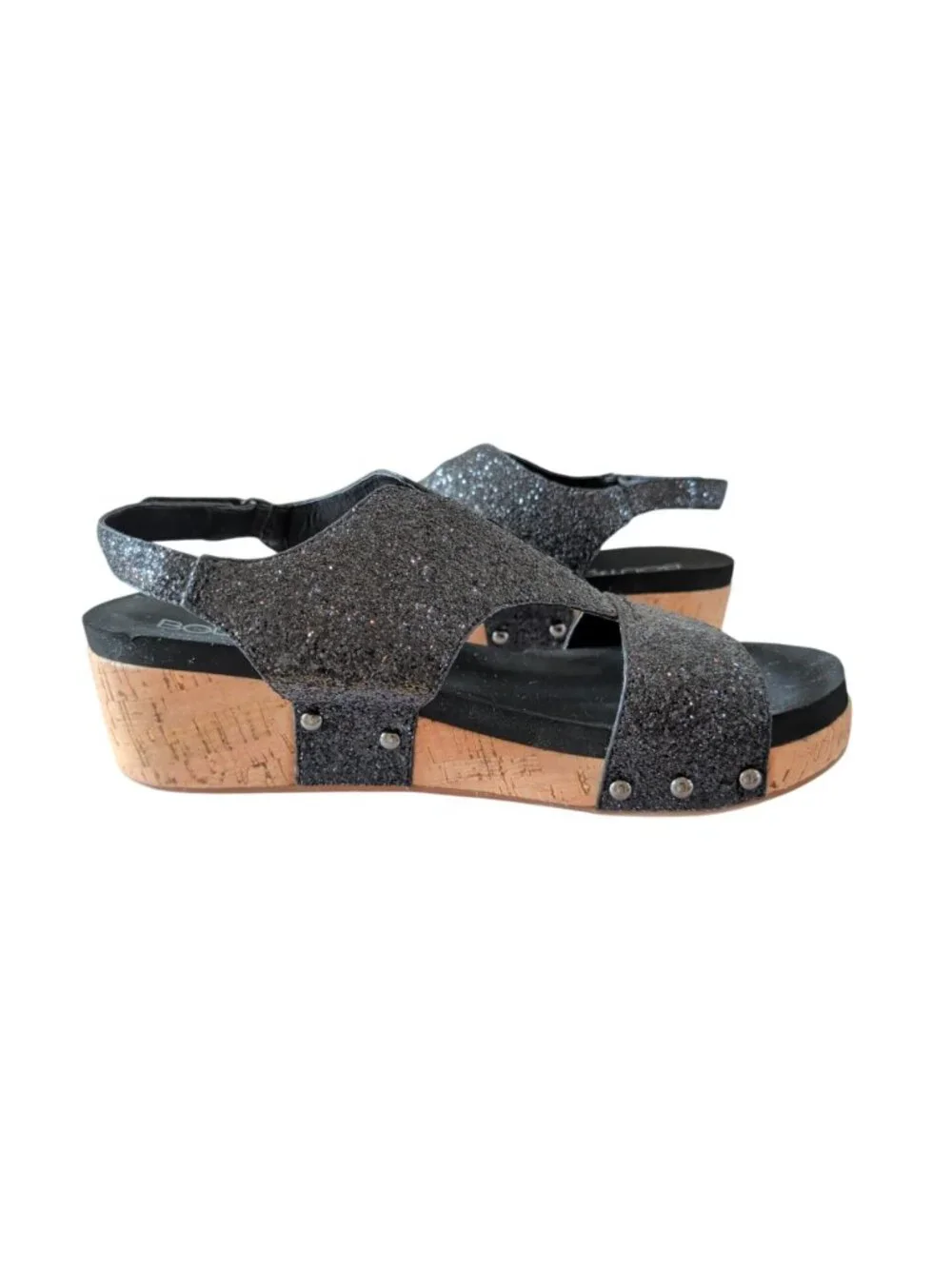 Boutique by Corkys Refreshing Sandals Womens 11 Black Glitter Cork Wedge Studded
